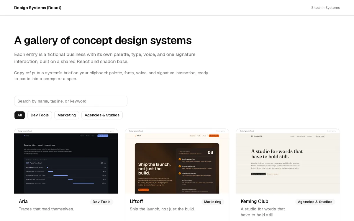 Design Systems (React) gallery homepage showing a filterable grid of fictional-business design system cards