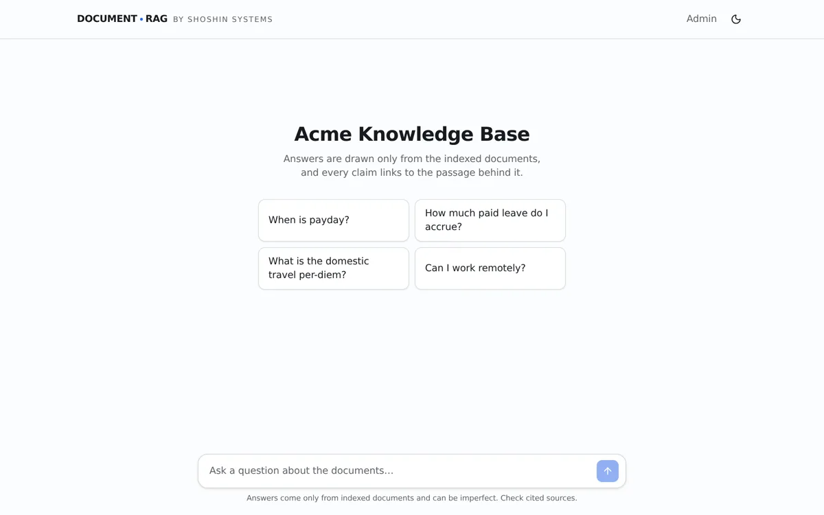 DOCUMENT·RAG public chat — a cited document Q&A assistant