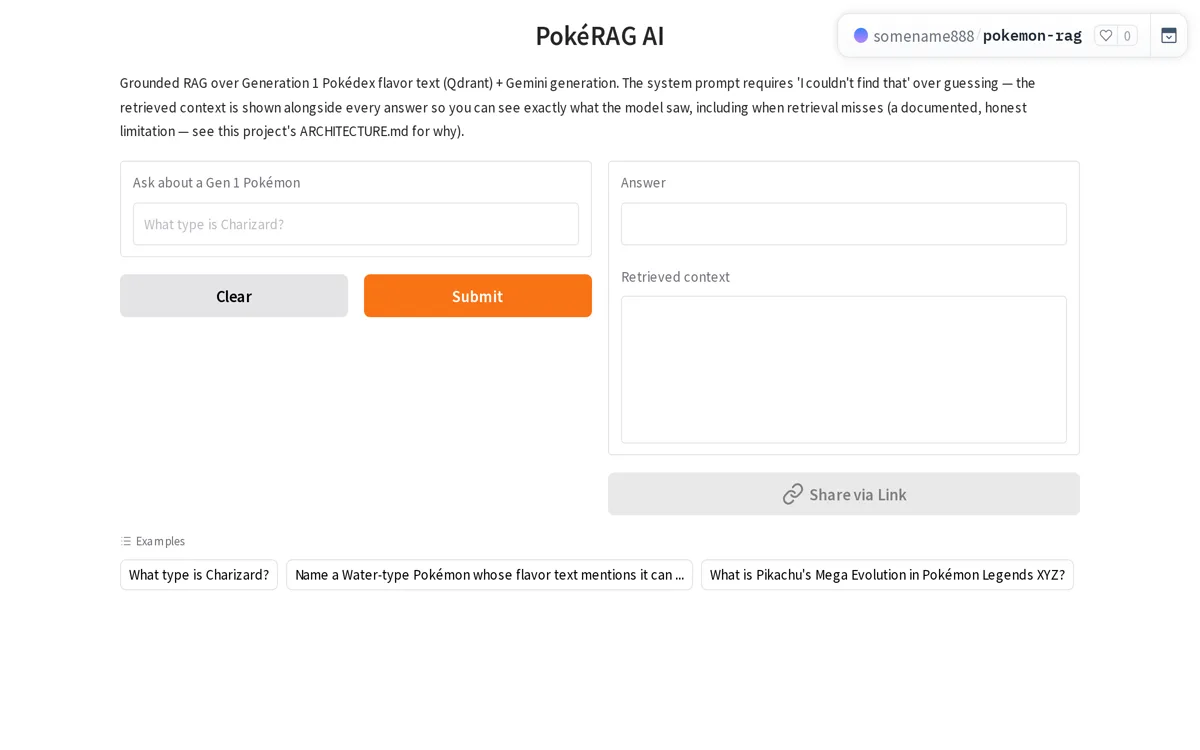 PokéRAG AI Gradio app — an ask box beside an answer panel and a retrieved-context panel, so you can see exactly what the model was shown