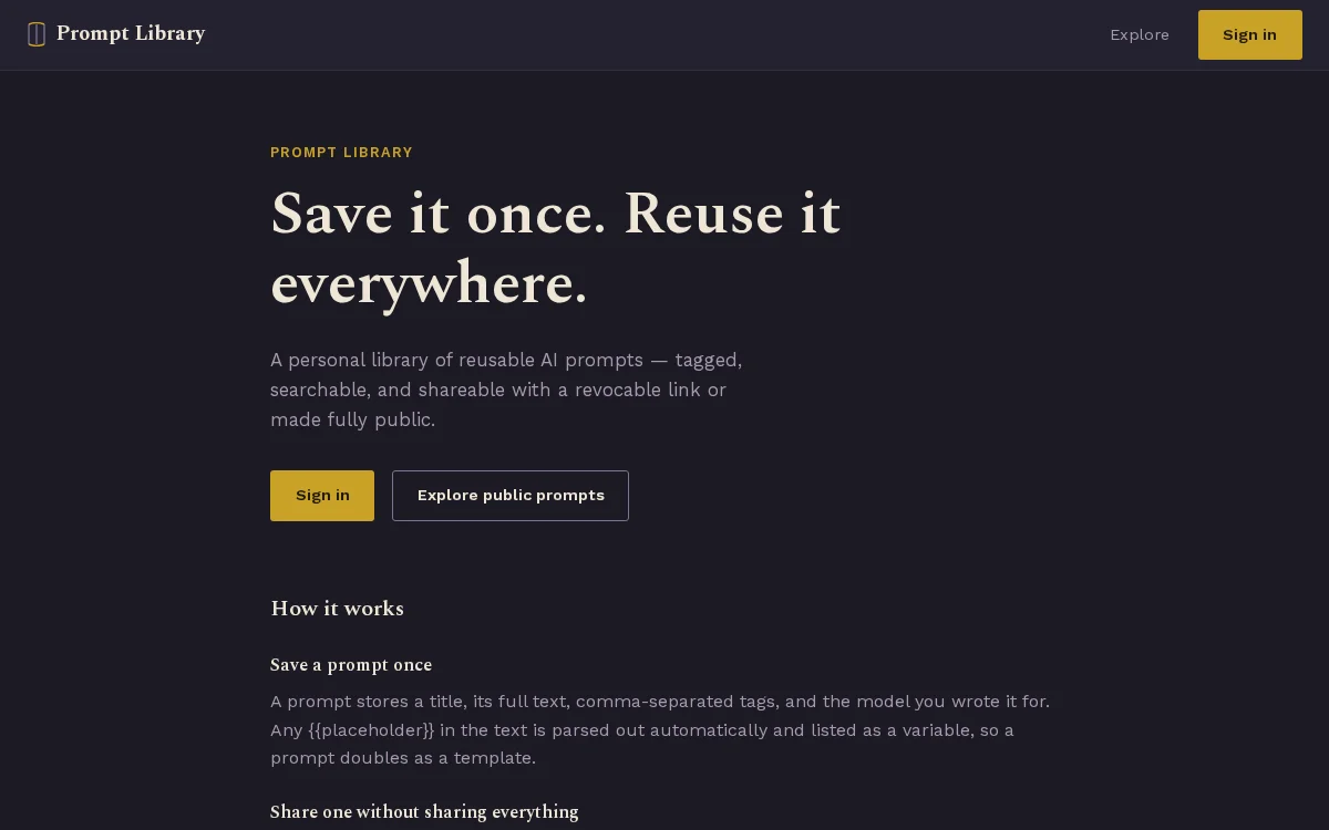 Prompt Library landing page showing the dark quire-themed hero and how-it-works section