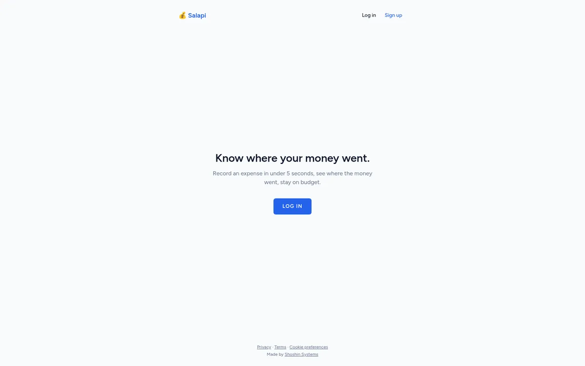 Salapi landing page — a clean blue-and-white hero reading 'Know where your money went' above a single Log in button